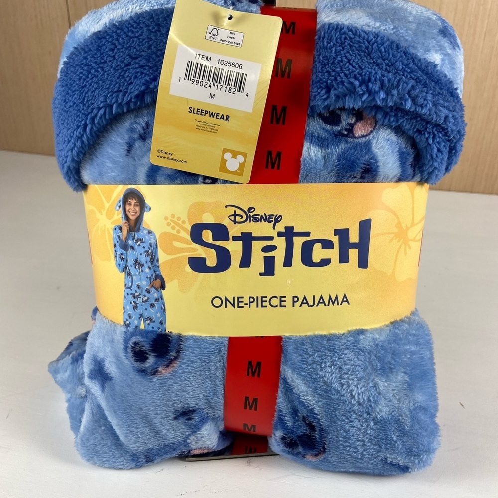 Disney Stitch One Piece Pajama Women’s Medium Blue Plush Hooded Onesie NWT